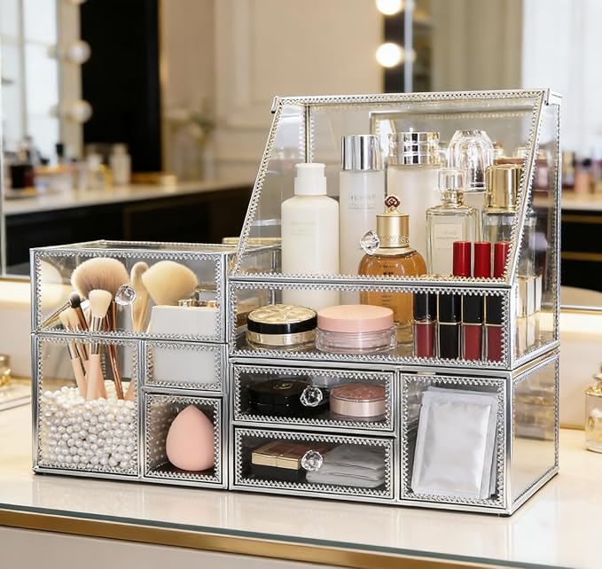 Tempered Glass Makeup Organizer with Heart Shaped Metal Frame, Large Cosmetic Storage Drawer Cabinet, Dustproof Vanity Display Case for Lipstick Makeup Brush Skincare Bathroom Bedroom