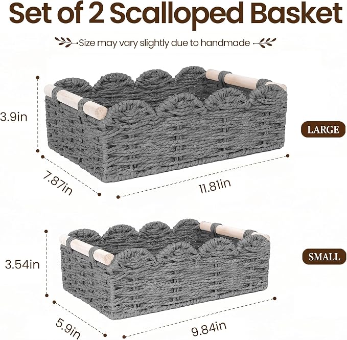 iEGrow Paper Rope Small Storage Baskets for Organizing, Set of 2 Scalloped Edge Wicker Basket with Wooden Handles Toilet Paper Basket for Over Toilet Storage Shelf, Home Decor, Living Room (Grey)