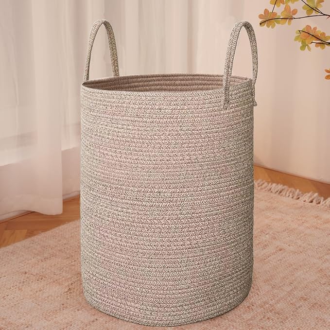 JMvicyroam 100L Cotton Rope Laundry Basket Hamper, Oatmeal | Collapsible laundry basket, reinforced handles, freestanding, machine washable, holds 3-5 thick blankets, clothes or toys
