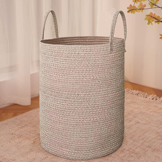 JMvicyroam 100L Cotton Rope Laundry Basket Hamper, Oatmeal | Collapsible laundry basket, reinforced handles, freestanding, machine washable, holds 3-5 thick blankets, clothes or toys