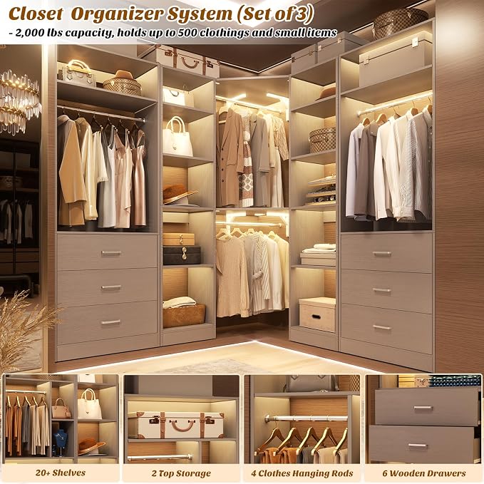 Besiost Corner Closet System with 6 Drawers, Closet Organizer System with 14 Shelves & 4 Hanging Rods, 87.2"L * 39.2"W / 63.2"L * 63.2"W Reversible L Shaped Walk-in Closets, Load 2500+LBS, Grey