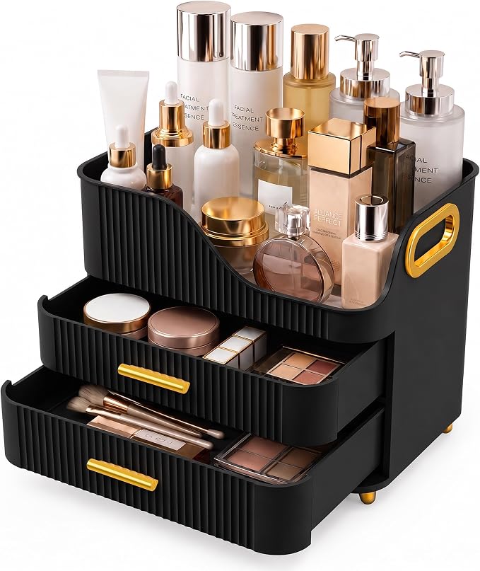 Booklov Large Makeup Organizer for Vanity, Bathroom Countertop, Black | Plastic Cosmetic Display Case with Drawers, Beauty Brush Holder for Dresser Counter Skincare Eyeshadow Lipstick Storage