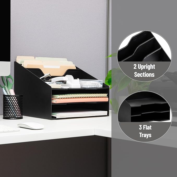Mind Reader Desktop Organizer, Vertical File Holder, Paper Trays, Office, Plastic, Black