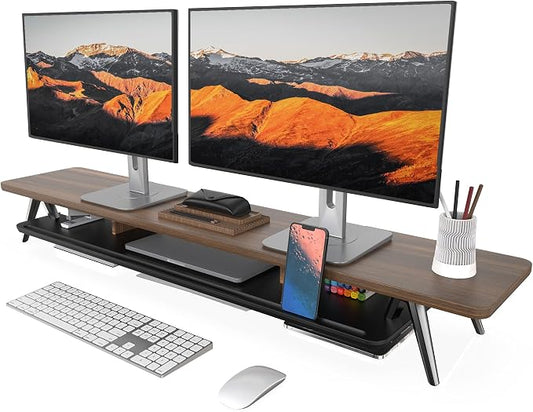 Fenge Dual Monitor Stand Riser, Wooden Desk Shelf with 2-Tier Storage | 47.2-Inch Extra Wide, Sturdy Aluminum Legs, Built-In Phone & Tablet Slot, Desktop Organizer for Office Accessories