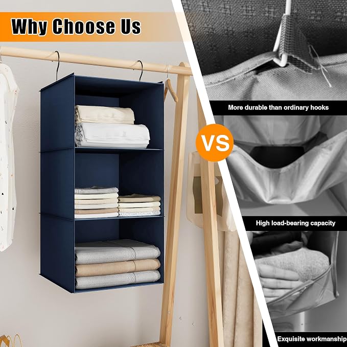 Hanging Closet Organizer 3-Shelf, Oxford Fabric Wardrobe Storage, Navy Blue | Easy-mount foldable design holds clothes, handbags, shoes & accessories; washable Oxford fabric, sturdy and space-saving.
