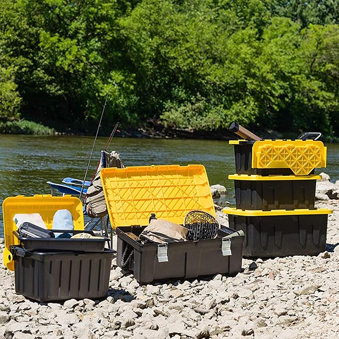 HOMZ 4-Pack Durabilt Tote, Heavy Duty Plastic Storage Bins with Lids, 27 Gallon, Black/Yellow - Stackable Organizing Containers for Home, Garage, and Shed