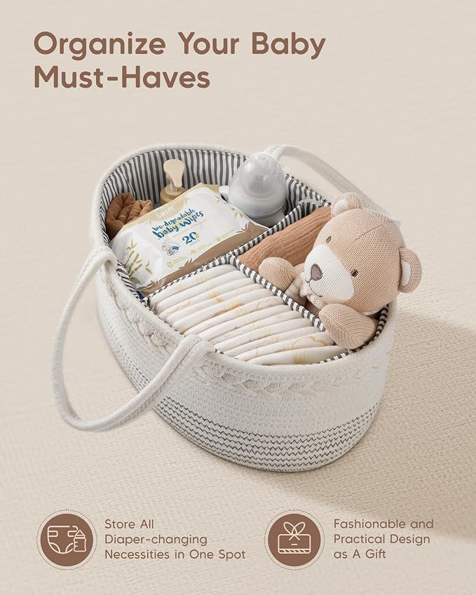 Maliton Baby Diaper Caddy Organizer, Cotton Rope Diaper Caddy Basket, Large Storage Basket for Newborn Boys and Girls, Gift for Baby Shower List, Newborn Essentials | 100% Cotton Rope Baby Caddy, Soft Yet Structured, Nursery, Car & Camping Use, Keeps B...