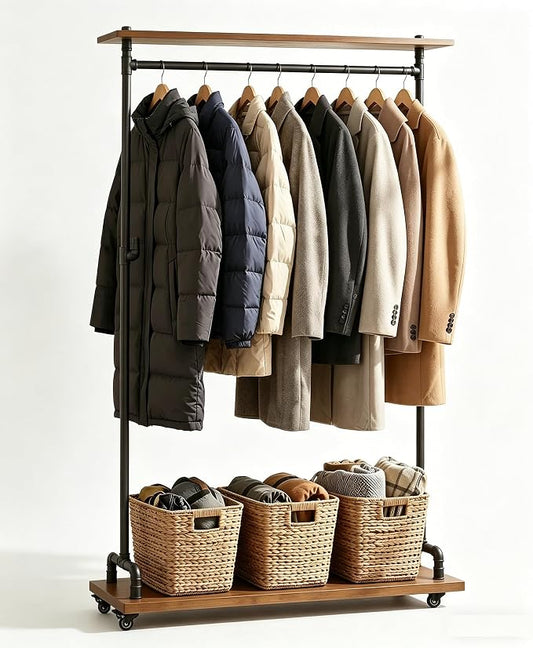 Industrial Pipe Clothing Rack, Wood Clothes Rack, Rolling Garment Rack | Iron Clothing Hanging Rod with Shelves, Wheels and Hangers, Heavy Duty, Steampunk, Retail, Bed Room, Entry, Laundry Room