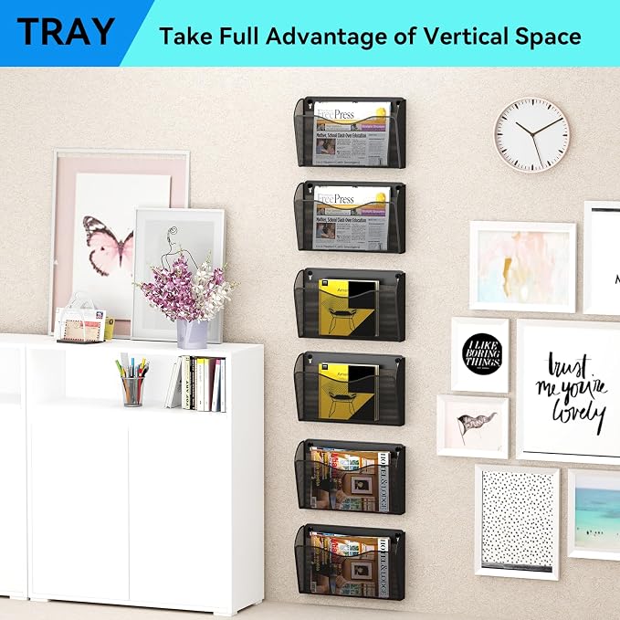 6 Single Pocket Wall File Holder, Mesh Hanging File Folder Paper Organizer, Vertical Wall Mounted Mail Basket, Storage Organization Magazine Rack for Office, Home and School, Black