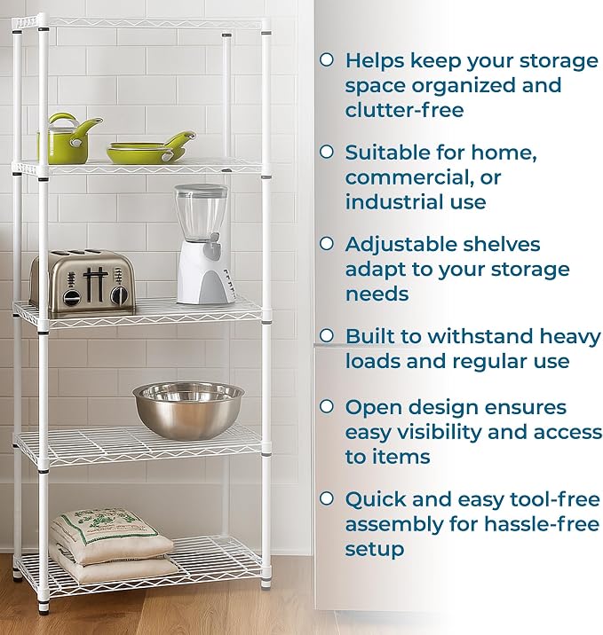 Honey-Can-Do 5-Tier White Wire Shelving Unit, 200 lb/Shelf, 36x14x72 in | 1,000 lb total in a bright white rust-resistant frame; tool-free build; adjustable shelves for laundry, kitchen & craft