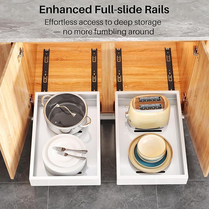 2Pack Pull out Cabinet Organizer, 21"Deep, Heavy Duty Full-extension Slide out Drawers for Kitchen Cabinet, Roll out Shelf Storage with Nano Adhesive for Pots,12"W x 21"D x 3.1"H, White