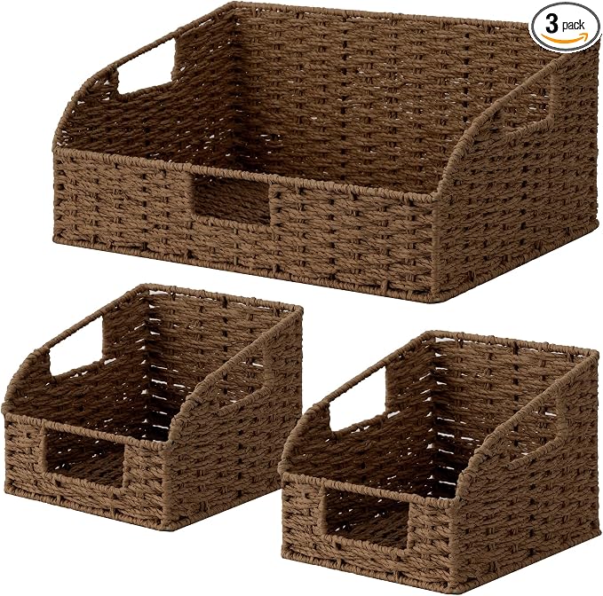 StorageWorks Paper Rope Pantry Storage Baskets, Wicker Baskets with Built-in Handles, Handwoven Shelf Baskets for Organizing, Pantry Organizers and Storage, Brown, 3 Pack