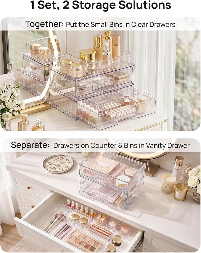 Vtopmart 12-Pack Clear Makeup Organizer Set with Drawer Organizer Bins | 2 Pack Stackable Storage Drawers & 10 Pack Drawer Organizer for Vanity Cosmetic, Bathroom Countertop, Desk