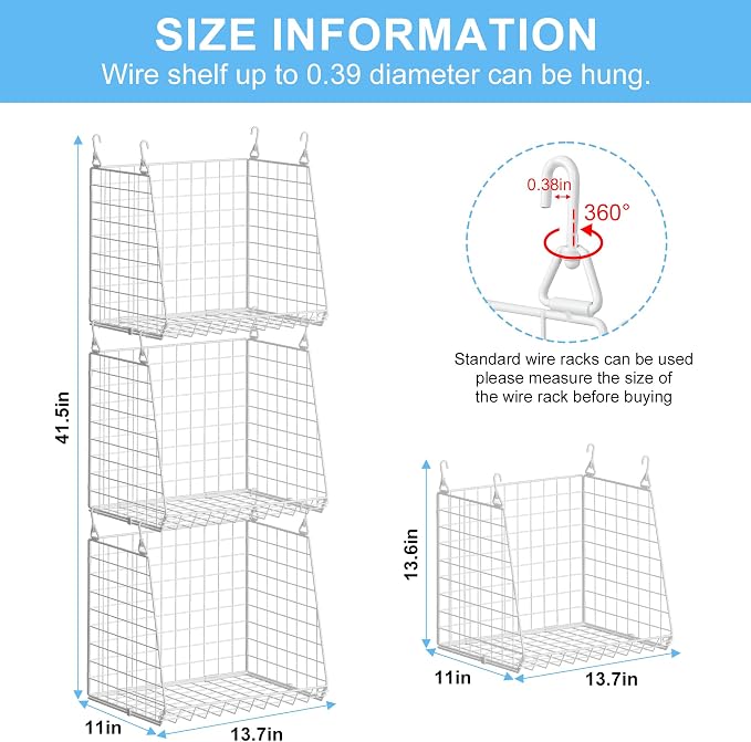 3-Pack Extra-Tall 13.6'' Hanging Laundry Basket Organizer, Foldable Wire Shelf with 360° Rotating Hooks & Reinforced Height - Durable Space-Saving Laundry Room & Closet Organizer, White Patent