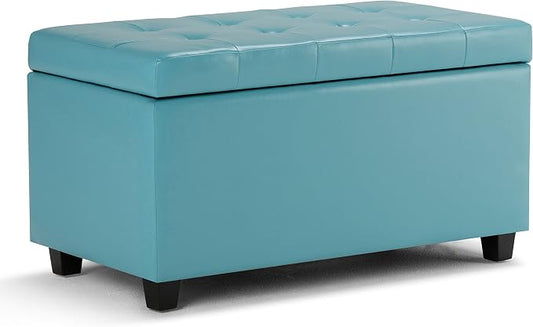 SIMPLIHOME Dover 36" Wide Vegan Leather Storage Ottoman in Grey | Transitional storage ottoman with tufting and lift-up lid; rectangle storage bench for living room or entryway.