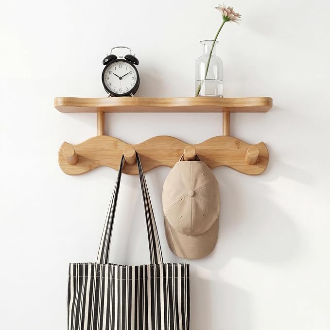 Wave-Shaped Bamboo Coat Rack Wall Mount with Shelf - Modern 4-Hook Rack | Modern Sculptural Wave Decor, Organic Wood Wall Mounted Rack with Storage Shelf, Heavy-Duty Hanging for Entryway & Bedroom
