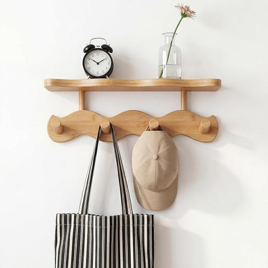 Wave-Shaped Bamboo Coat Rack Wall Mount with Shelf - Modern 4-Hook Rack | Modern Sculptural Wave Decor, Organic Wood Wall Mounted Rack with Storage Shelf, Heavy-Duty Hanging for Entryway & Bedroom