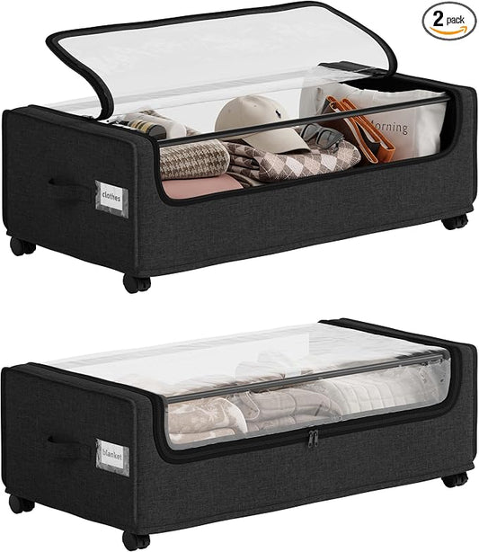 Under Bed Storage, Tall Size Under Bed Storage With Wheels, Under bed Shoe Storage, Metal Frame, 90L Capacity, Storage Drawers for Bedroom