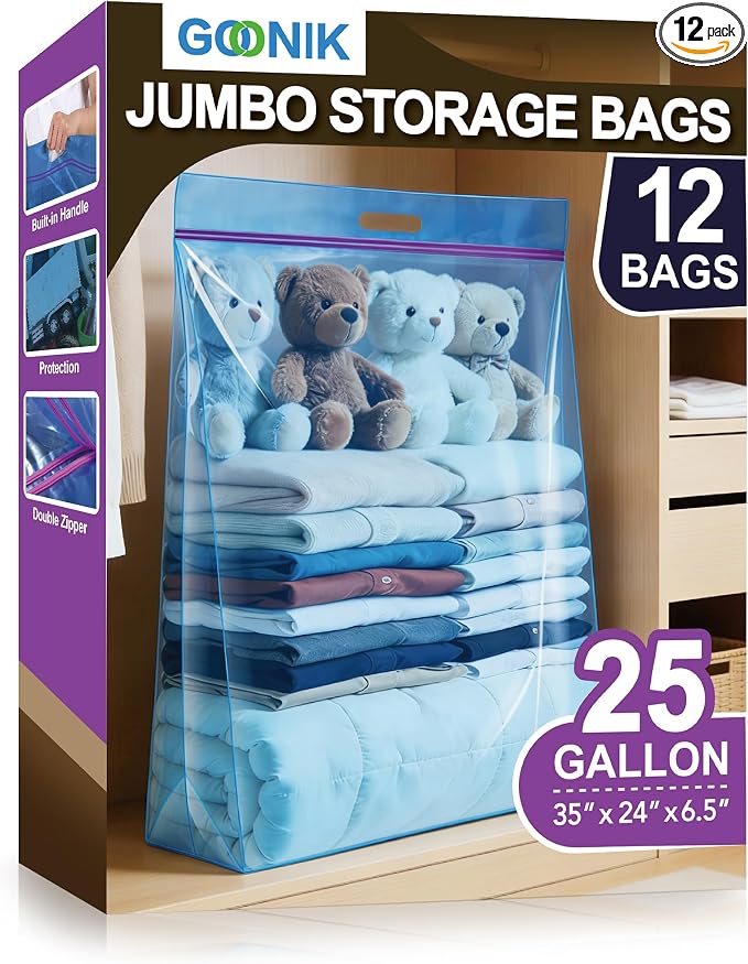 GOONIK 25 Gallon Jumbo Storage Bags with Zipper and Handle for Clothes Pillow Travel Moving, Extra Large, 35” x 24”, Blue, Pack of 12
