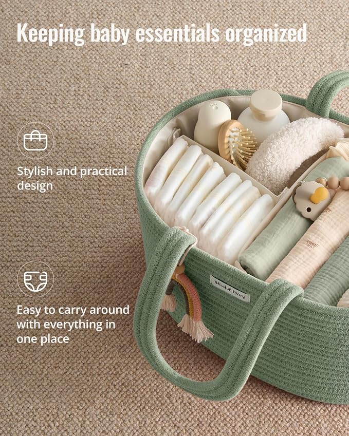 Blissful Diary Baby Diaper Caddy Organizer, Cotton Rope Diaper Caddy Basket, Oval Storage Basket, Gift for Baby Shower, Newborn Essentials, Green