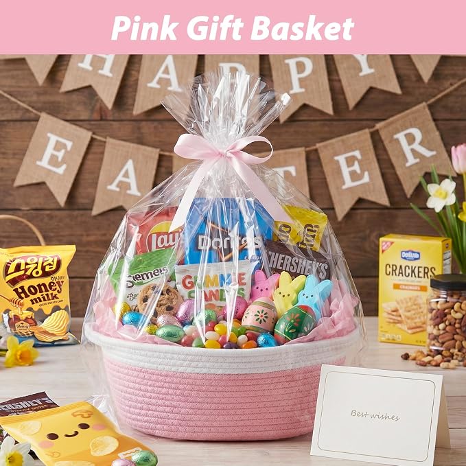 woric Baby Gifts Basket 12 x 8 x 5 in Woven Basket Rope Baskets | Soft Cotton for Wedding Gifts Empty Baby Shower Toy Storage Girls Birthday (Pink with Gift Bag Card Ribbon Tissue Paper)
