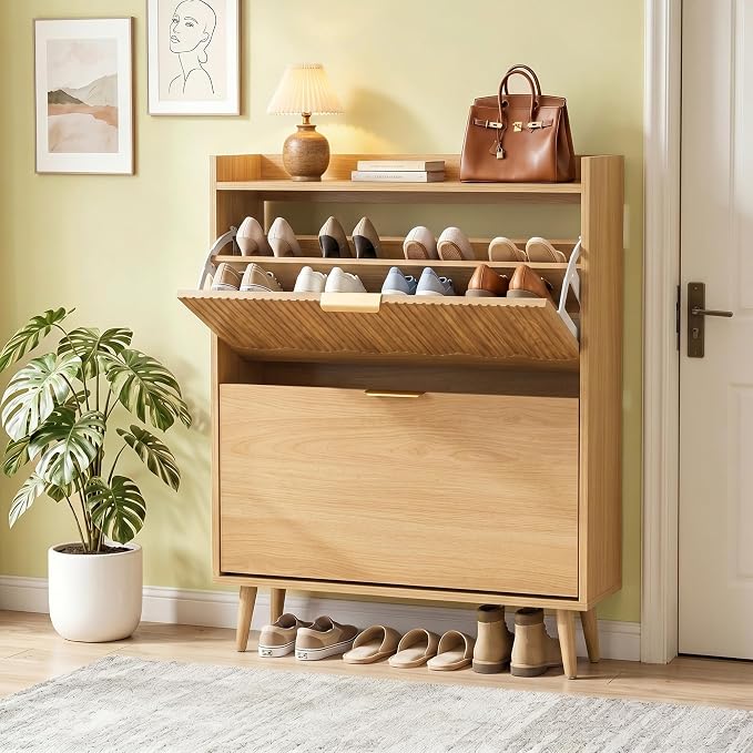 BERRYMERRY 30" Narrow Shoe Storage Cabinet with 2 Flip Drawers Natural | narrow,entryway,20 pairs shoe,shoe organize,hidden shoe rack,fluted panel,wave pattern,wood,space saving