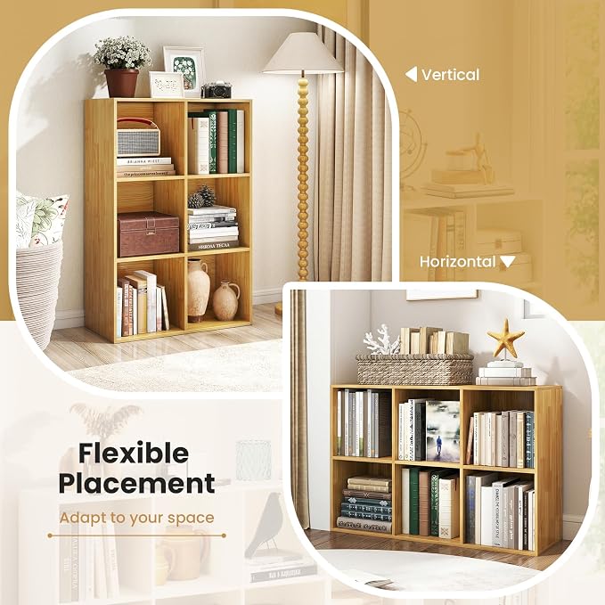 Giantex 6-Cube Bookcase, 3-Tier Cubby Bookshelf, Burlywood | Horizontal Vertical Display Rack with Anti-Tipping Kits, Modern Storage Organizer Shelf Unit for Living Room, Home Office