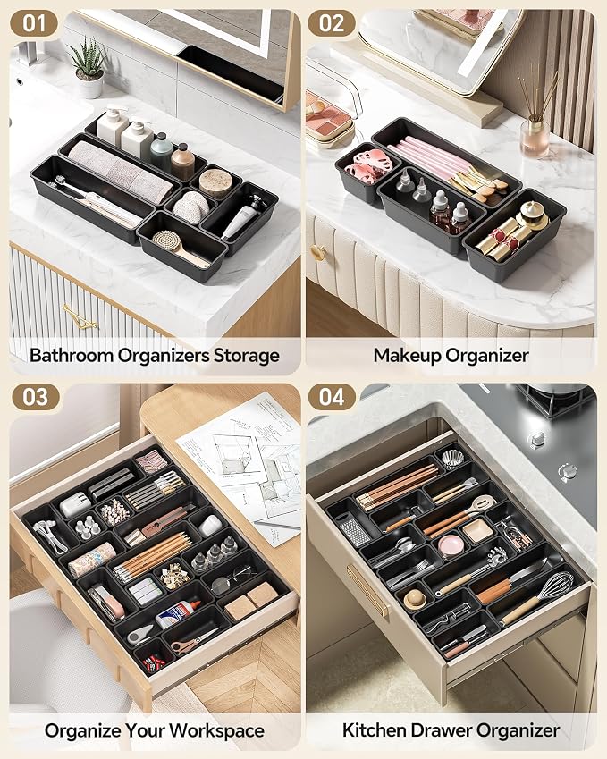 Canfanni 13 Pack Plastic Drawer Organizers Set, 3 Sizes Desk Drawer Organizer Trays for Vanity and Makeup Organizer, Organization and Storage for Makeup, Kitchen Utensils, Bathroom and Office(Black)