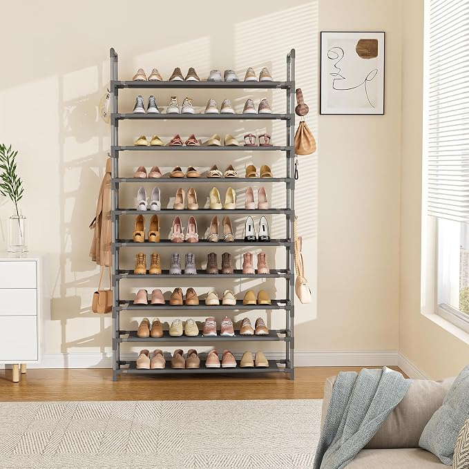 LANTEFUL Tall Shoe Rack 10 Tier Shoe Organizer Large Shoe Shelf with 18 Hooks Storage for 50 Pair Sneaker and Boot, Stackable Vertical Shoe Rack Organizer for Closet, Entryway, Bedroom, Grey