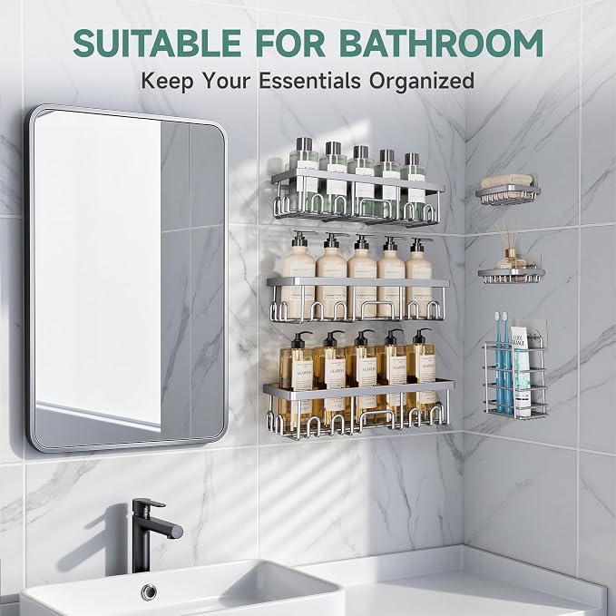 Veken Shower Caddy 6-Pack, No Drilling & Rustproof, Waterproof Adhesive Shelves Rack with Soap Holder, Large Capacity Bathroom Organizers and Storage, Wall-Mounted Kitchen & Home Decor, Silver Gray
