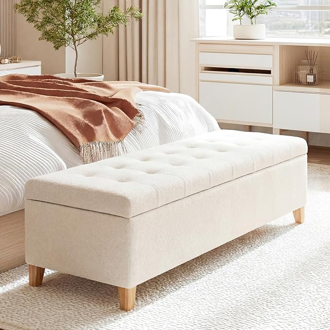 Joveco Storage Ottoman Bench, 51" Linen Rectangle Long Bench, for Bedroom, End Foot of Bed, Living Room, Entryway, Beige