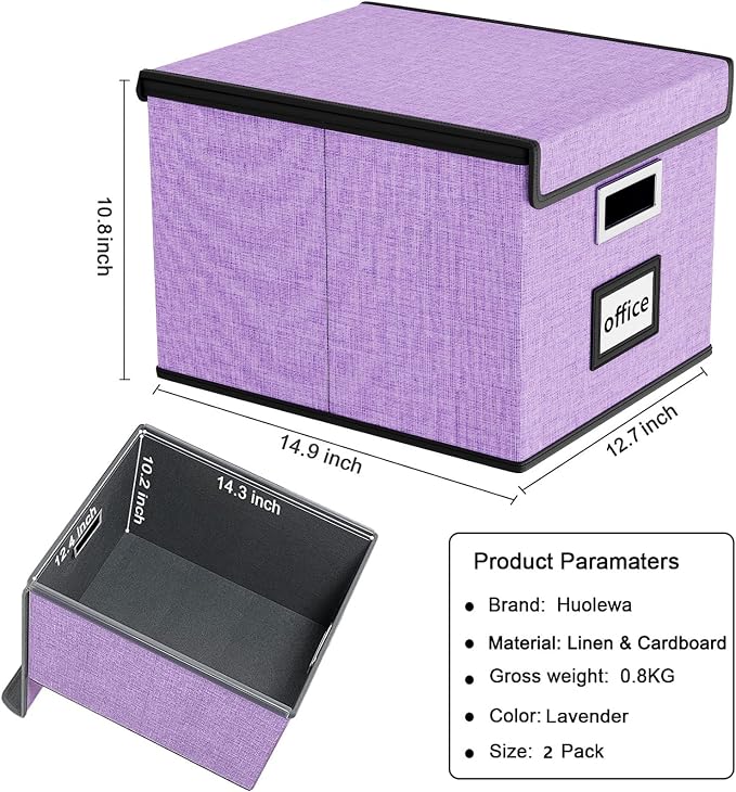 File Organizer Box with Lids, Collapsible File Folder Organizer | File Box with Plastic Slides for Document, Filing Bin for Letter Size Hanging File Folders (2 Pack, Dark Lavender)