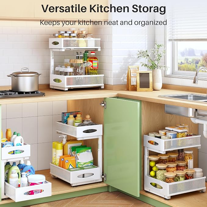 Under Sink Organizer, 2 Tier Pull out Cabinet Organizer Baskets with Mesh Sliding Drawers, Slide out Storage Shelf for Home, Kitchen, Bathroom, Pantry, Office Cabinet(1 Pack, White)