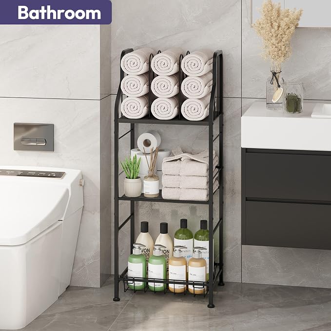 SWTYMIKI Free Standing Towel Rack - 3 Tier M-Shaped Detachable Dividers Towel Shelf for Bathroom, Durable Metal Pool Towel Holder, Modern Space-Saving Bath Towel Storage Organizer