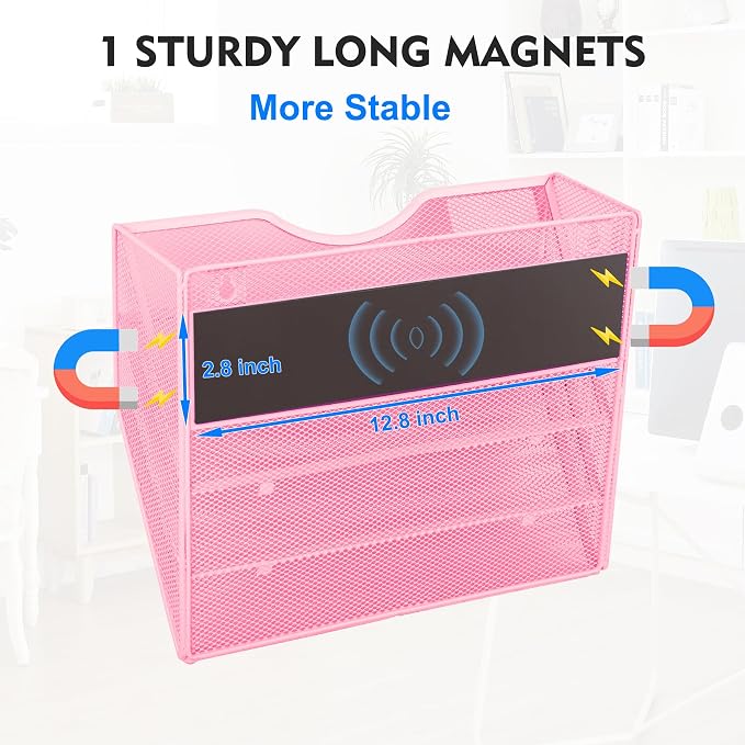 EASEPRES Magnetic 3 Pocket Mesh Hanging Wall File Organizer, Wall Mounted Mail Paper Document Folder Holder, Clipboard Storage Magazine Rack with Nametag Label for Office Home School, Pink
