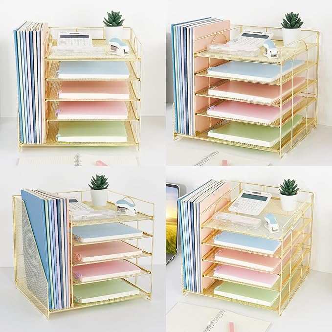 LEKETREE Desk Organizers and Accessories, 5-Tier Paper Letter Tray Organizer with File Holder, Desktop Organizer for Office Supplies (Gold)