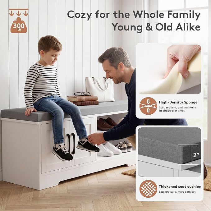 GRUSIGN 39.6" Shoe Storage Bench with Cushion, Entryway Shoe Cabinet, White | 3-in-1 Shoe Storage Bench, Adjustable Shelves, Removable Cushion, 300 lbs Capacity, Entryway, Apartment, Families