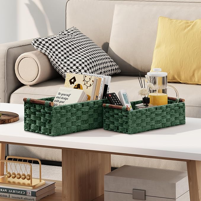 Vagusicc Wicker Storage Basket, Set of 2 Hand-Woven Paper Rope Wicker Basket for Organizing with Handle Decorative Storage Bins for Counter Pantry Shelves Toilet Paper Basket for Toilet Tank Top,Green