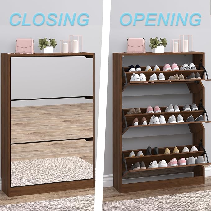 BORNOON Shoe Cabinet with 3-Flip Mirror Drawers, Freestanding Shoe Rack Organizer with Hidden Handle, Slim Narrow Shoe Storage Cabinet for Entryway, Entrance, Hallway, Bedroom