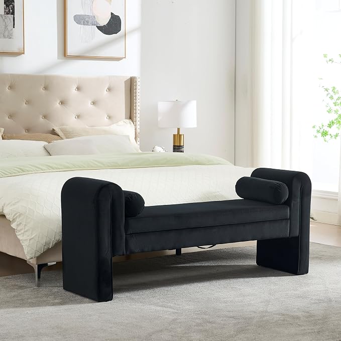 Modern Bench for Bedroom End of Bed, 60.5" Velvet Upholstered Rolled Armed Stool Bench, Sofa Ottoman Long Bench with 2 Pillows for Entryway/Bedroom/Hall (Black-60.5 Inch)