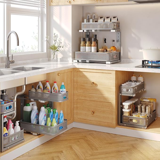 2 Pack 17.3IN-Depth Under Sink Organizer with Smooth Cylindrical Rail,2-Tier Pull Out Multi-Purpose Cabinet Storage for Bathroom&Kitchen,Height Adjustable,Rust-Resistant Coating-Gun Gray