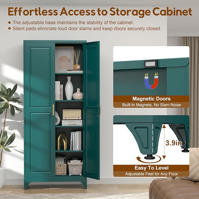 UNICOLY 75" Kitchen Pantry Cabinet, Metal Tall Storage Cabinet with Doors | Kitchen Storage Cabinets with 4 Shelves,Pantry Storage for Kitchens, Living Room, Dinning Room, Assembly Required, Green