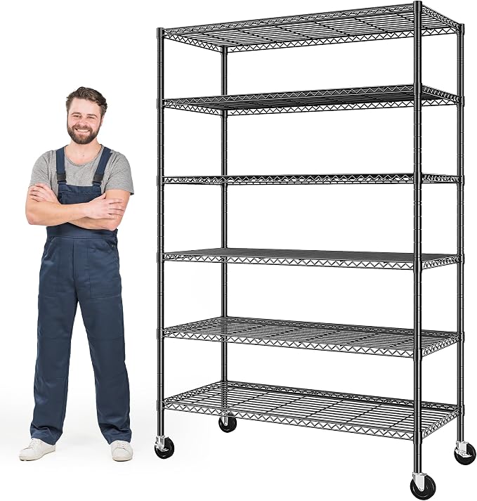 Romorgniz Heavy Duty 6-Tier Rolling Storage Shelves with Wheels for Garage | 1200lbs wire shelving, Rolling casters with locking wheels, Adjustable shelves, Rust-proof, For pantry, kitchen, basement
