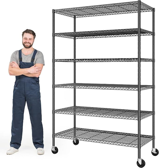Romorgniz Heavy Duty 6-Tier Rolling Storage Shelves with Wheels for Garage | 1200lbs wire shelving, Rolling casters with locking wheels, Adjustable shelves, Rust-proof, For pantry, kitchen, basement