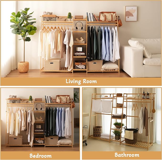 Baveke Bamboo Garment Rack 9 Tier Storage Shelf Coat Clothes Hanging Rack, Portable Wardrobe Closet Organizer With Top Shelf, Shoe Storage Shelves for Bedroom, Natural, FSC-Certified Bamboo