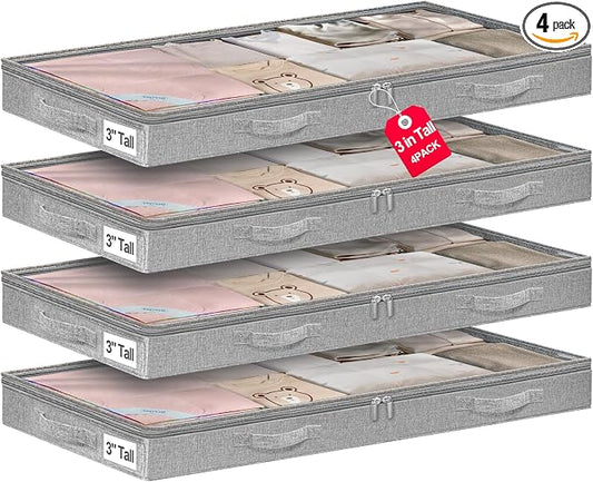 punemi Low-Profile Under Bed Storage Containers, 20 x 40 x 3 in, 4 Pack | No Rigid Structure, Soft Cloth Construction, Foldable, Zippered, for Blanket Storage, Under Crib, Couch, Sofa & Dorm Bed