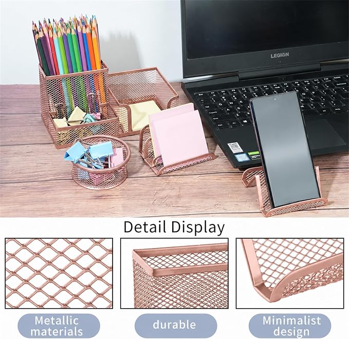 Desk Organizer for Office, 6 Pieces Mesh Desk Multi-functional Storage Set Office Supplies Accessories (Rose Gold)