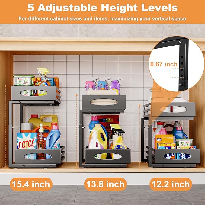 mixeshop Under Sink Organizer, 2 Tier Under Sink Organizers and Storage, Adjustable Height, Slide out Metal Cabinet Organizers, Pull out Cabinet Storage Drawer Shelf for Kitchen Bathroom (Black, 2)