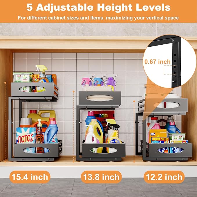 Under Sink Organizer, 2 Tier Under Sink Organizers and Storage, Adjustable Height, Slide out Metal Cabinet Organizers, Pull out Cabinet Storage Drawer Shelf for Kitchen Bathroom (Black, 1 Pack)