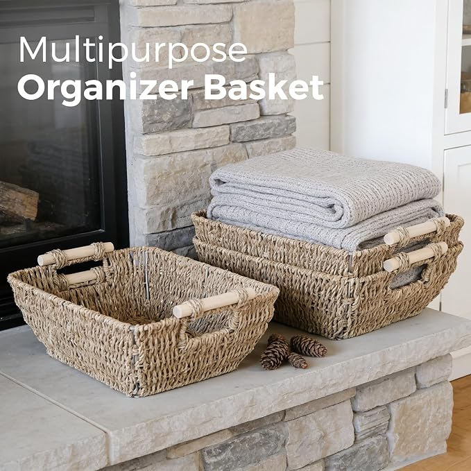 Wicker Baskets with Wooden Handles, Large Seagrass Storage Baskets | 2 Pack, Natural Seagrass Woven Basket for Organizing Shelves, Handwoven Gift Baskets Empty for Snack Display Home Decor